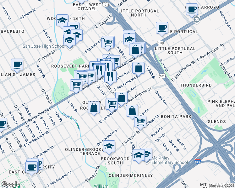 map of restaurants, bars, coffee shops, grocery stores, and more near 124 South 24th Street in San Jose