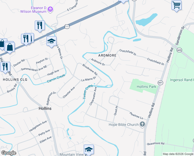 map of restaurants, bars, coffee shops, grocery stores, and more near 7002 Brookview Rd in Hollins