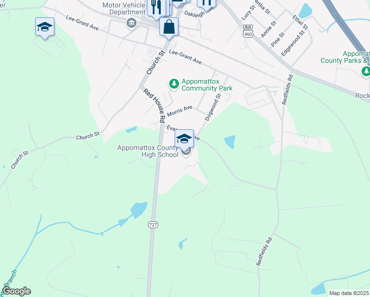 map of restaurants, bars, coffee shops, grocery stores, and more near 198 Evergreen Avenue in Appomattox