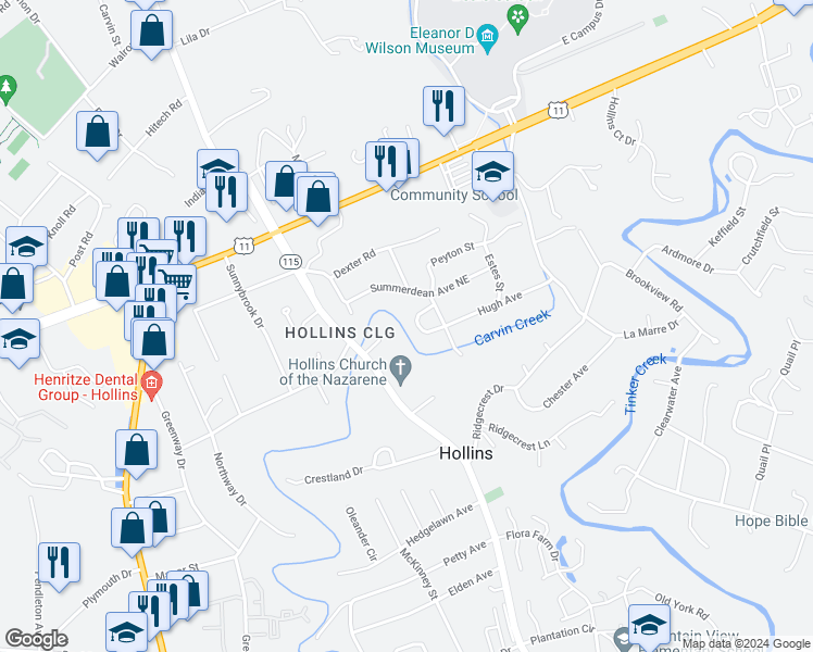 map of restaurants, bars, coffee shops, grocery stores, and more near 731 Hugh Avenue in Roanoke