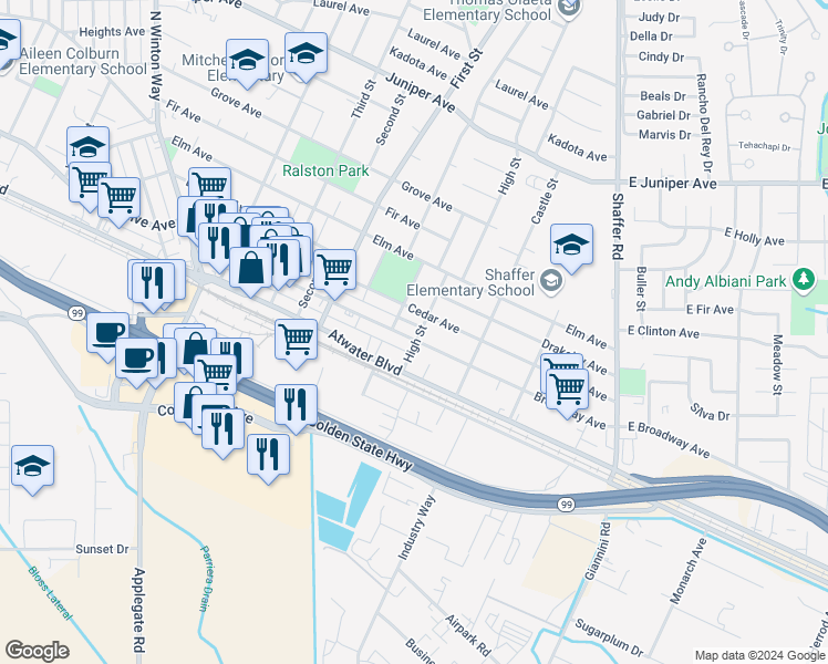 map of restaurants, bars, coffee shops, grocery stores, and more near 701 Broadway Avenue in Atwater