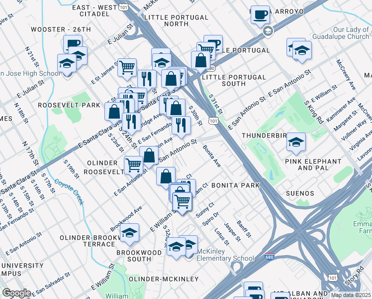 map of restaurants, bars, coffee shops, grocery stores, and more near 1346 East San Antonio Street in San Jose