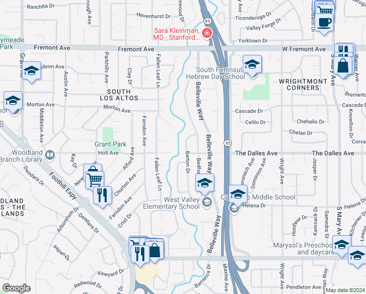map of restaurants, bars, coffee shops, grocery stores, and more near 1487 Barton Drive in Sunnyvale