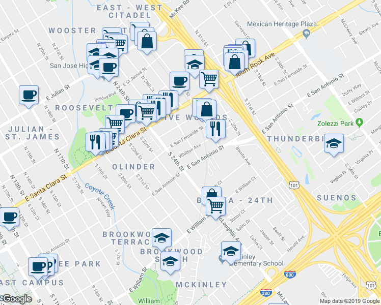 map of restaurants, bars, coffee shops, grocery stores, and more near 1236 Whitton Avenue in San Jose