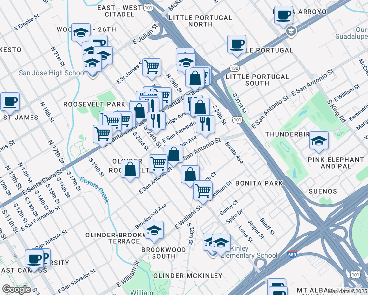 map of restaurants, bars, coffee shops, grocery stores, and more near 1248 Whitton Avenue in San Jose