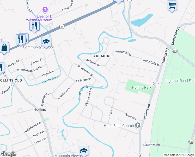 map of restaurants, bars, coffee shops, grocery stores, and more near 6923 Brookview Rd in Roanoke