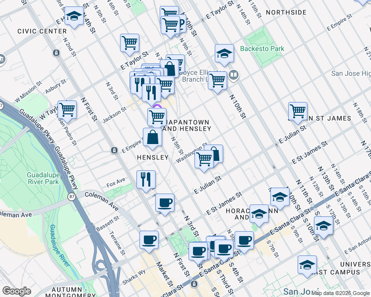 map of restaurants, bars, coffee shops, grocery stores, and more near 422 North 5th Street in San Jose