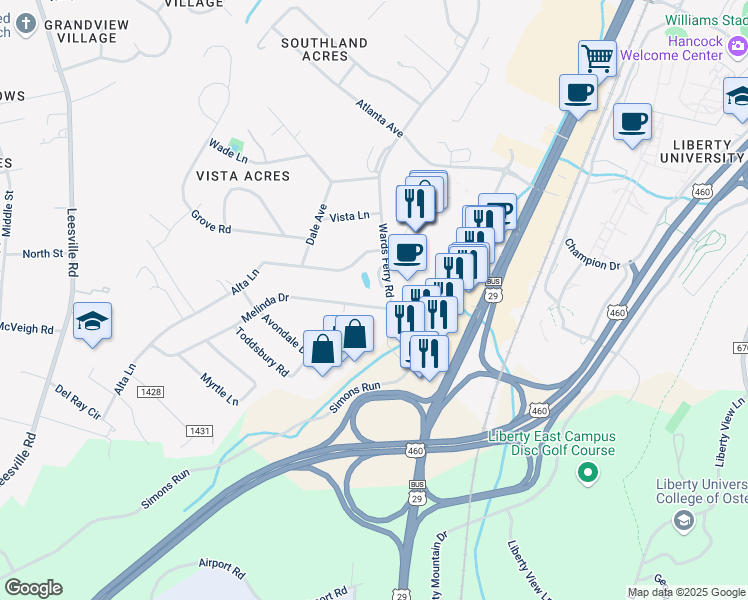 map of restaurants, bars, coffee shops, grocery stores, and more near 101 Melinda Drive in Lynchburg