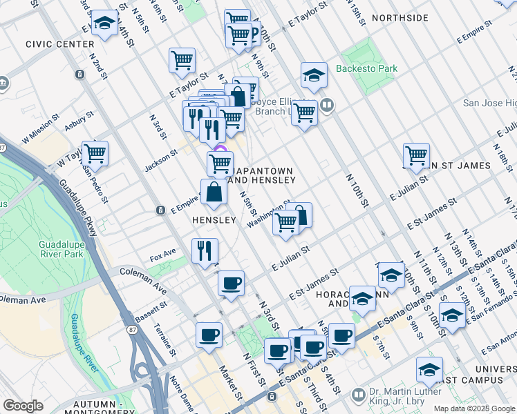 map of restaurants, bars, coffee shops, grocery stores, and more near 422 North 5th Street in San Jose