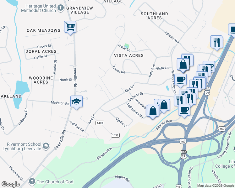 map of restaurants, bars, coffee shops, grocery stores, and more near 220 Alta Lane in Lynchburg