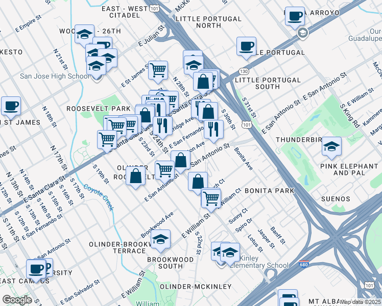 map of restaurants, bars, coffee shops, grocery stores, and more near 1248 Whitton Avenue in San Jose