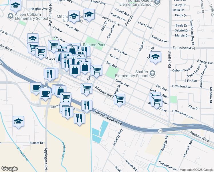 map of restaurants, bars, coffee shops, grocery stores, and more near 816 Broadway Avenue in Atwater