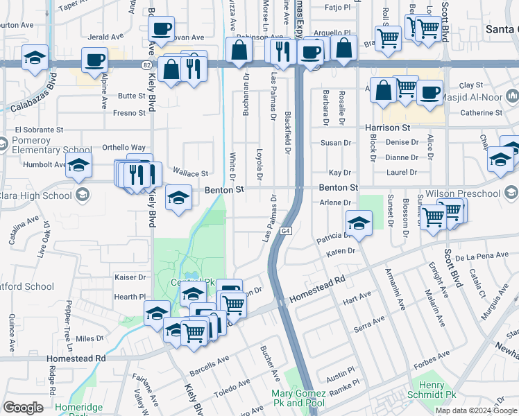 map of restaurants, bars, coffee shops, grocery stores, and more near 1044 Loyola Court in Santa Clara
