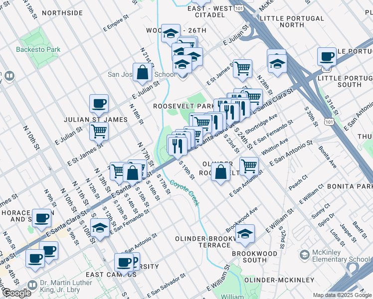 map of restaurants, bars, coffee shops, grocery stores, and more near 901 East Santa Clara Street in San Jose