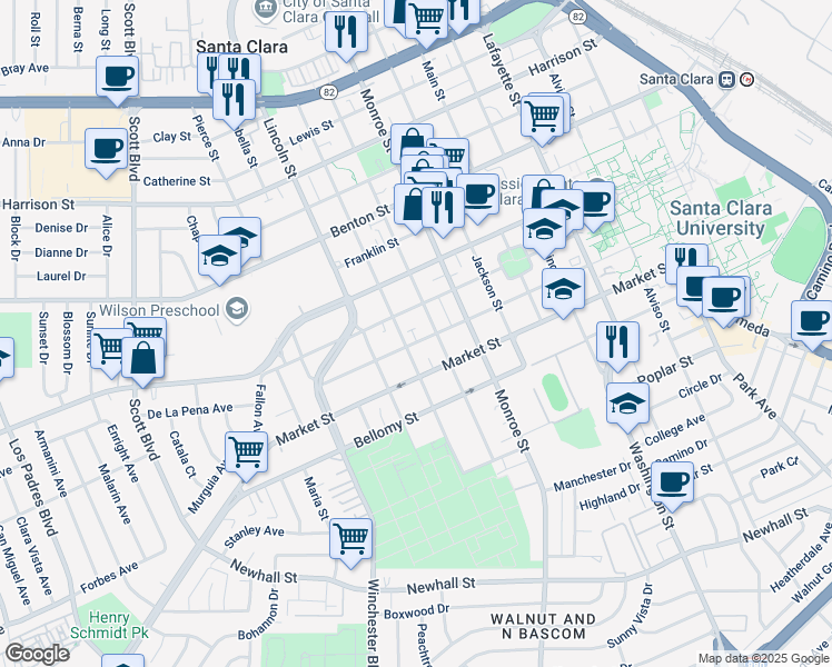 map of restaurants, bars, coffee shops, grocery stores, and more near 1457 Santa Clara Street in Santa Clara