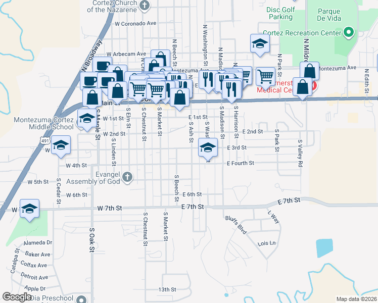 map of restaurants, bars, coffee shops, grocery stores, and more near 206 East 3rd Street in Cortez
