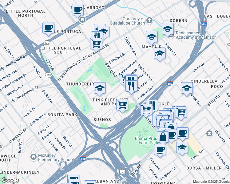map of restaurants, bars, coffee shops, grocery stores, and more near 1683 Virginia Place in San Jose