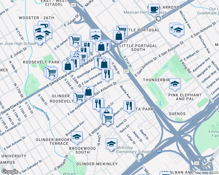 map of restaurants, bars, coffee shops, grocery stores, and more near 1354 East San Antonio Street in San Jose