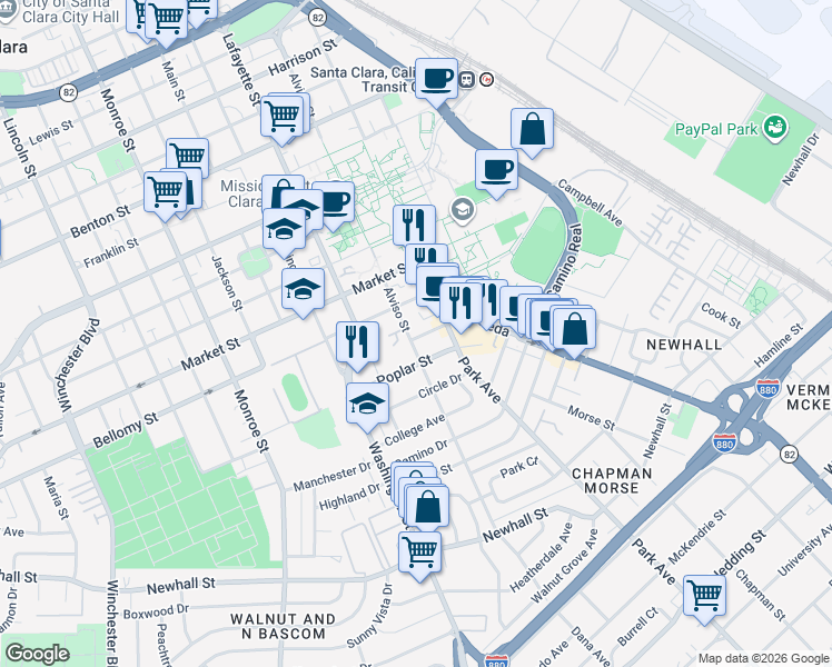 map of restaurants, bars, coffee shops, grocery stores, and more near 735 Locust Street in Santa Clara