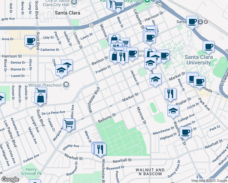 map of restaurants, bars, coffee shops, grocery stores, and more near 1457 Santa Clara Street in Santa Clara