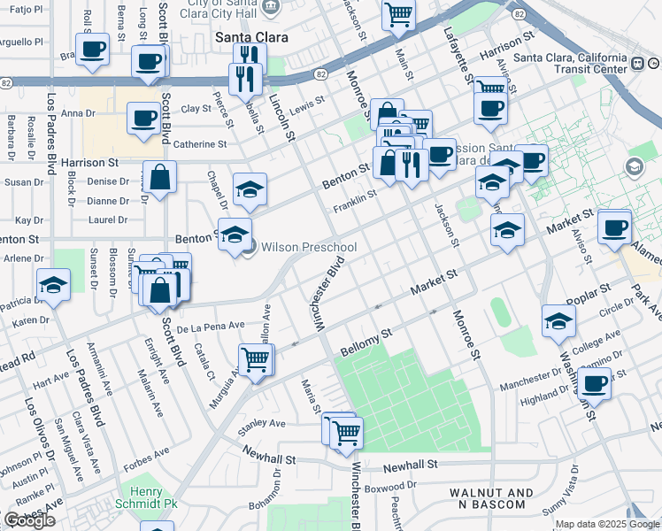 map of restaurants, bars, coffee shops, grocery stores, and more near 848 North Winchester Boulevard in Santa Clara