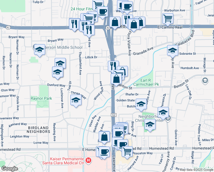 map of restaurants, bars, coffee shops, grocery stores, and more near 3665 Benton Street in Santa Clara
