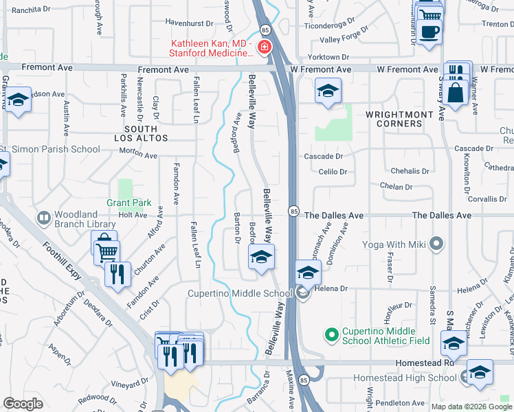 map of restaurants, bars, coffee shops, grocery stores, and more near 1479 Bedford Avenue in Sunnyvale