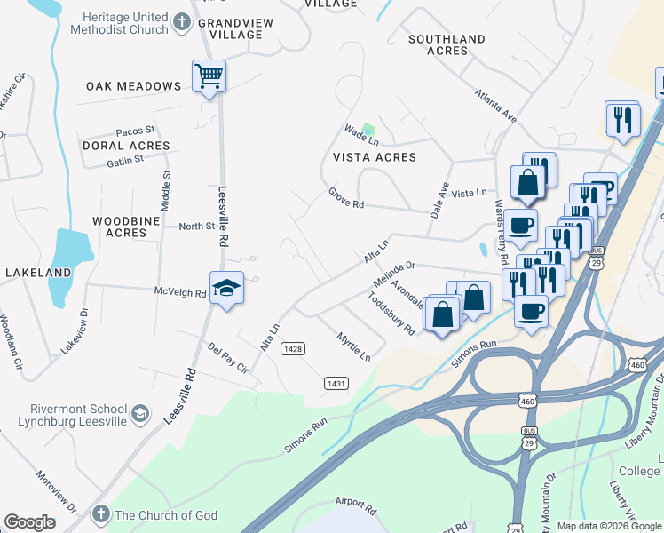 map of restaurants, bars, coffee shops, grocery stores, and more near 220 Alta Lane in Lynchburg