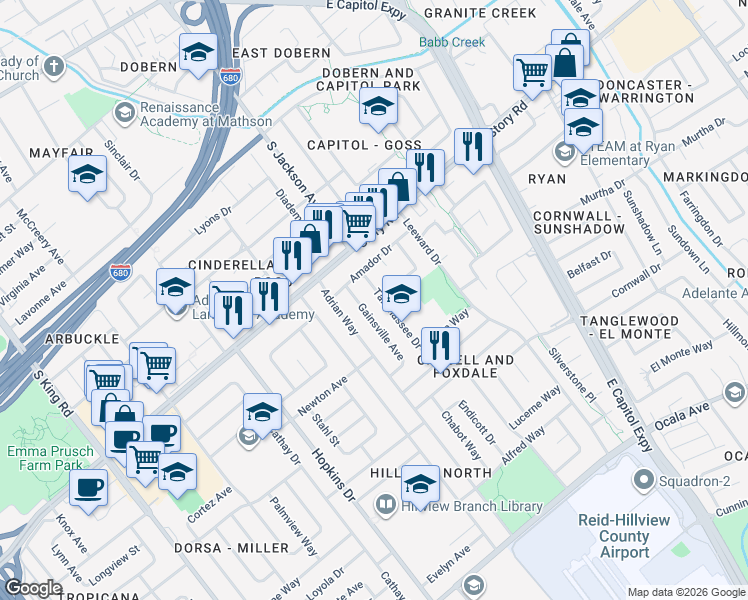 map of restaurants, bars, coffee shops, grocery stores, and more near 1197 Tallahassee Drive in San Jose