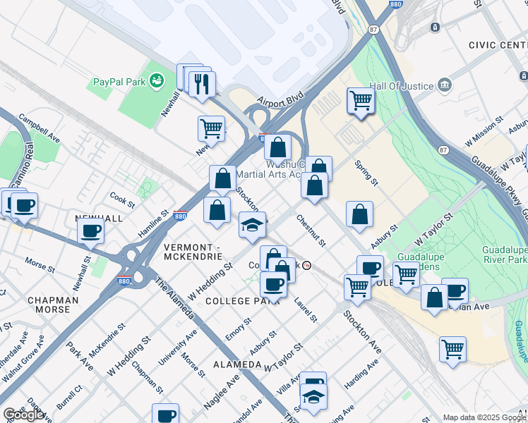map of restaurants, bars, coffee shops, grocery stores, and more near 928 Stockton Avenue in San Jose