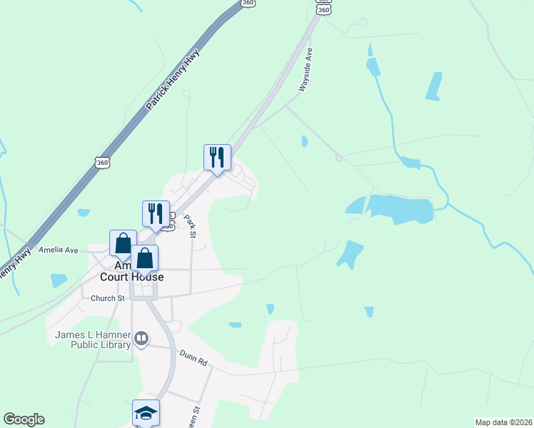 map of restaurants, bars, coffee shops, grocery stores, and more near 9530 Harris Street in Amelia Court House