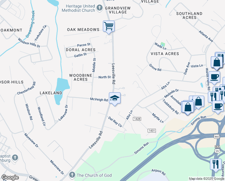 map of restaurants, bars, coffee shops, grocery stores, and more near 678A Leesville Road in Lynchburg