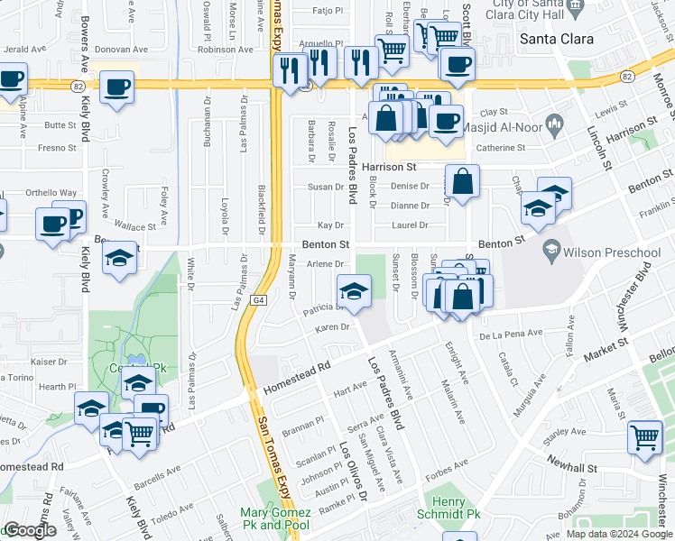 map of restaurants, bars, coffee shops, grocery stores, and more near 991 Madeline Lane in Santa Clara