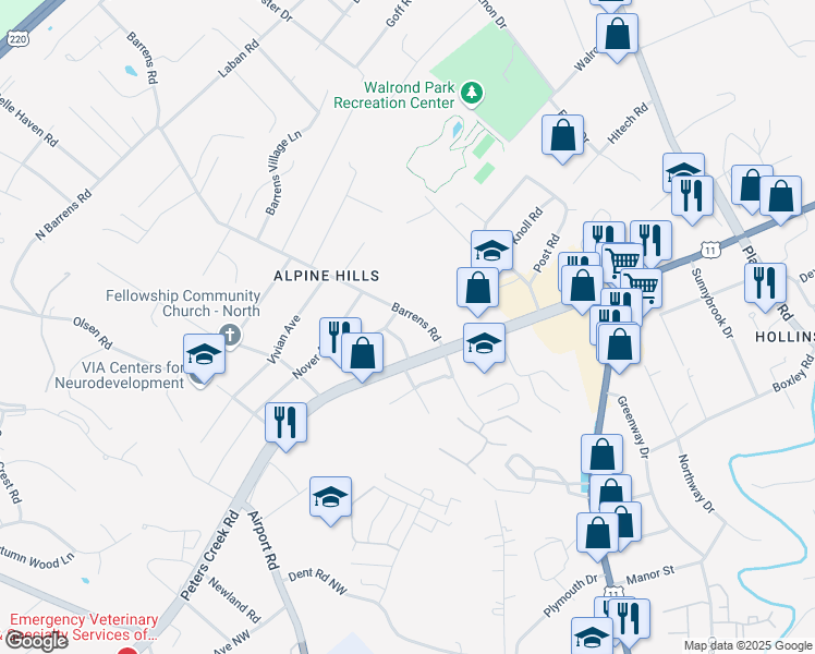 map of restaurants, bars, coffee shops, grocery stores, and more near 7340 Barrens Road in Hollins