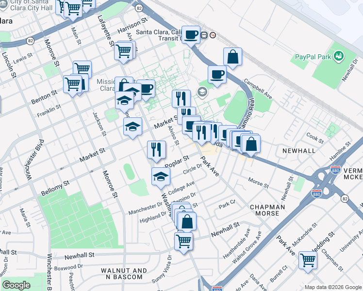 map of restaurants, bars, coffee shops, grocery stores, and more near 735 Locust Street in Santa Clara