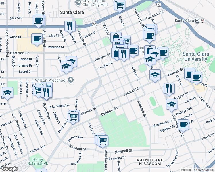 map of restaurants, bars, coffee shops, grocery stores, and more near 1566 Lexington Street in Santa Clara