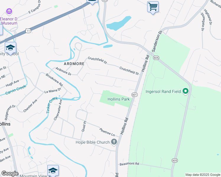 map of restaurants, bars, coffee shops, grocery stores, and more near 6604 Bryant Circle in Roanoke
