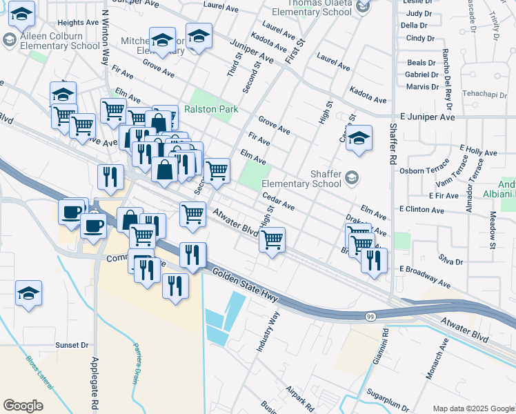 map of restaurants, bars, coffee shops, grocery stores, and more near 755 Broadway Avenue in Atwater