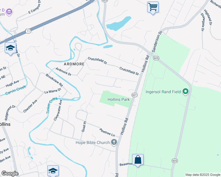 map of restaurants, bars, coffee shops, grocery stores, and more near 6604 Bryant Circle in Roanoke