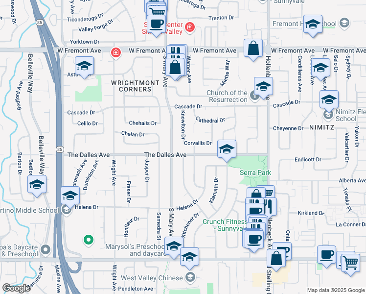 map of restaurants, bars, coffee shops, grocery stores, and more near 1489 Knowlton Drive in Sunnyvale