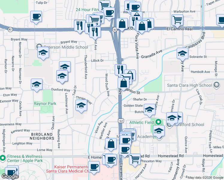 map of restaurants, bars, coffee shops, grocery stores, and more near 3665 Benton Street in Santa Clara