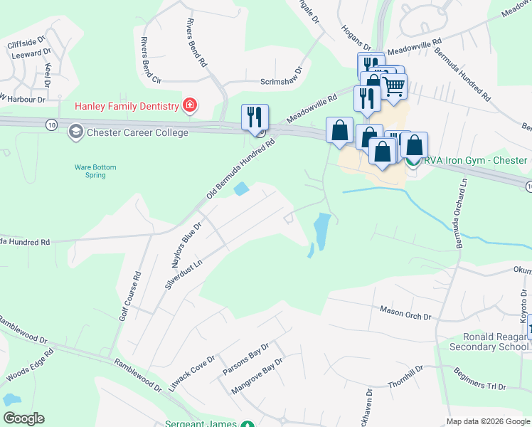 map of restaurants, bars, coffee shops, grocery stores, and more near 13224 Silverdust Lane in Chester