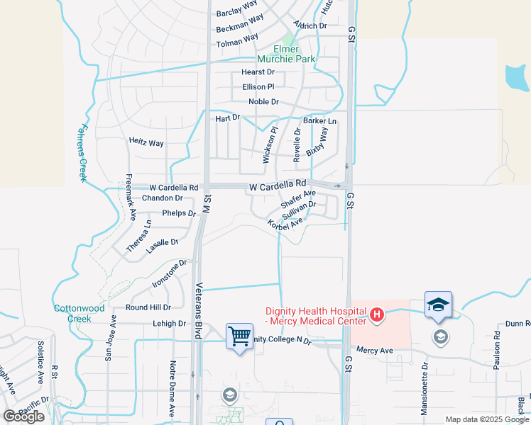 map of restaurants, bars, coffee shops, grocery stores, and more near 389 Shafer Avenue in Merced