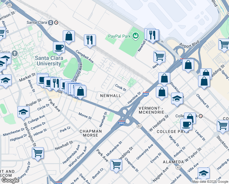 map of restaurants, bars, coffee shops, grocery stores, and more near 1133 Delno Avenue in San Jose