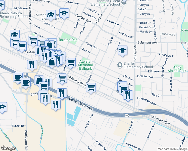 map of restaurants, bars, coffee shops, grocery stores, and more near 656 Cedar Avenue in Atwater