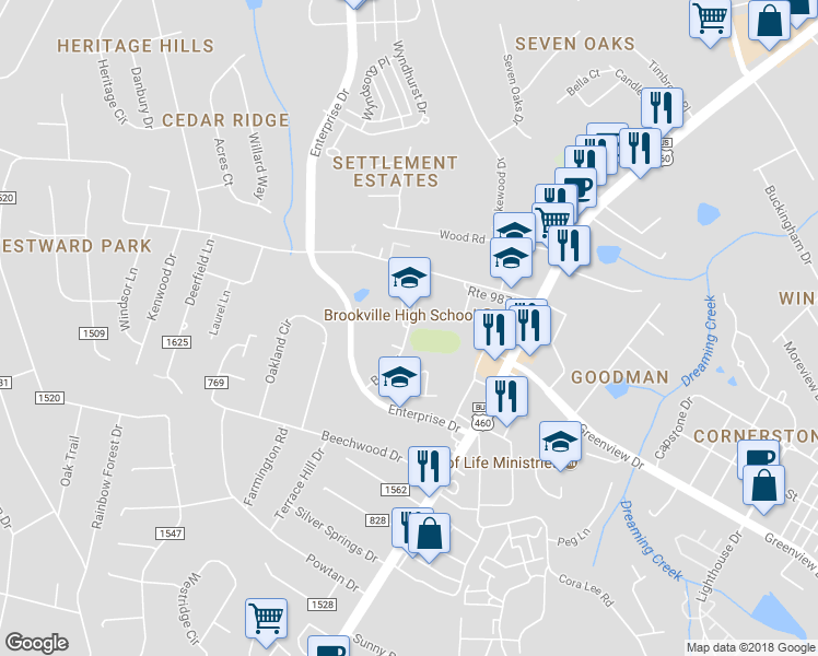 map of restaurants, bars, coffee shops, grocery stores, and more near 313 Bee Drive in Timberlake