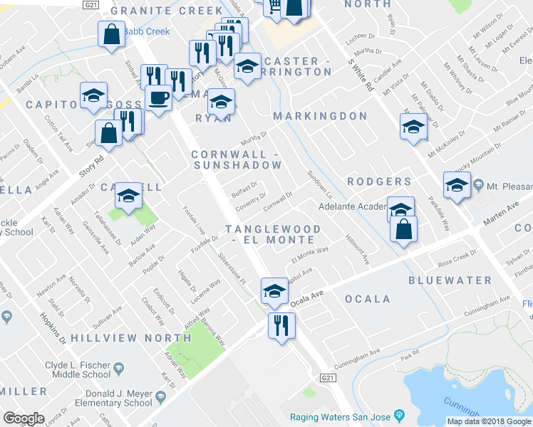 map of restaurants, bars, coffee shops, grocery stores, and more near 2754 Cornwall Drive in San Jose