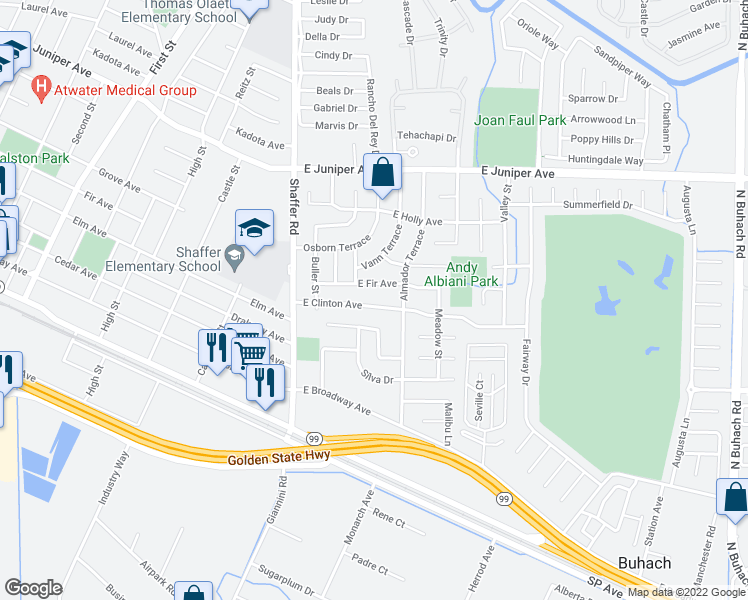 map of restaurants, bars, coffee shops, grocery stores, and more near 249 East Clinton Avenue in Atwater
