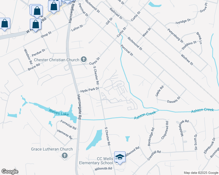 map of restaurants, bars, coffee shops, grocery stores, and more near 4223 Hyde Park Drive in Chester