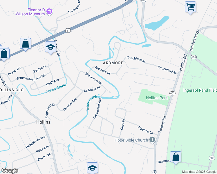 map of restaurants, bars, coffee shops, grocery stores, and more near 6923 Brookview Rd in Roanoke